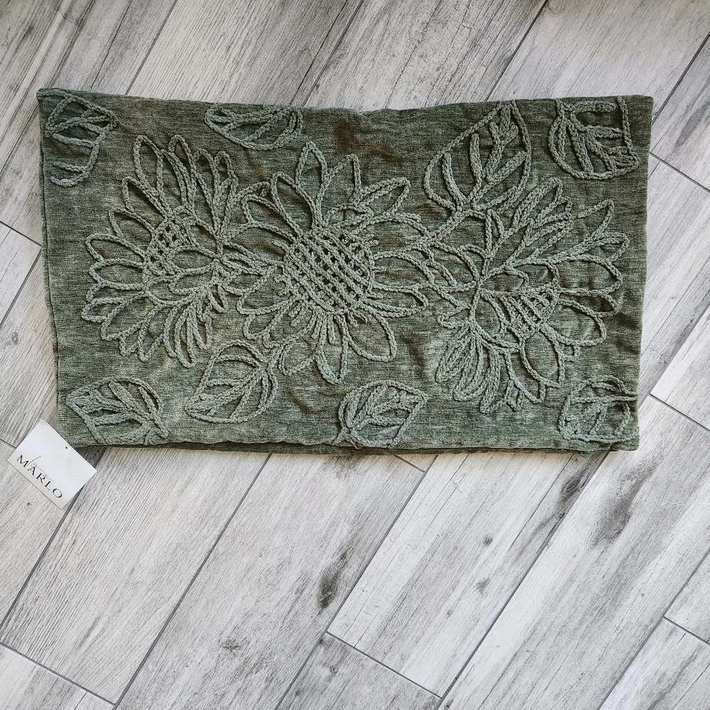 Love Marlo Mossy Green Chenille Pillow Cover Floral Sunflowers Oblong 14×24